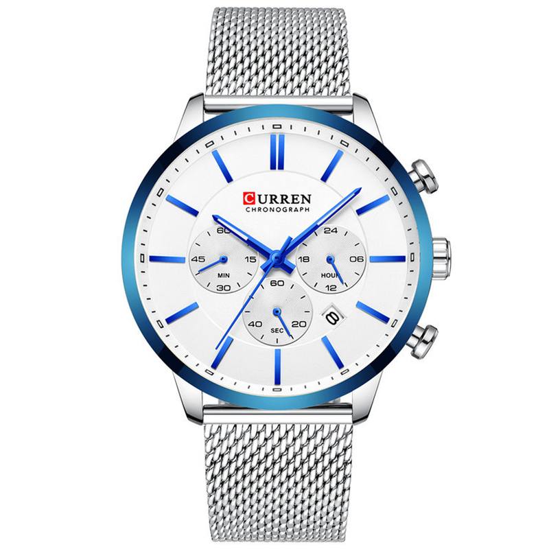 Chronograph Calendar Miesten Rannekello Mesh Steel Band Quartz Watch