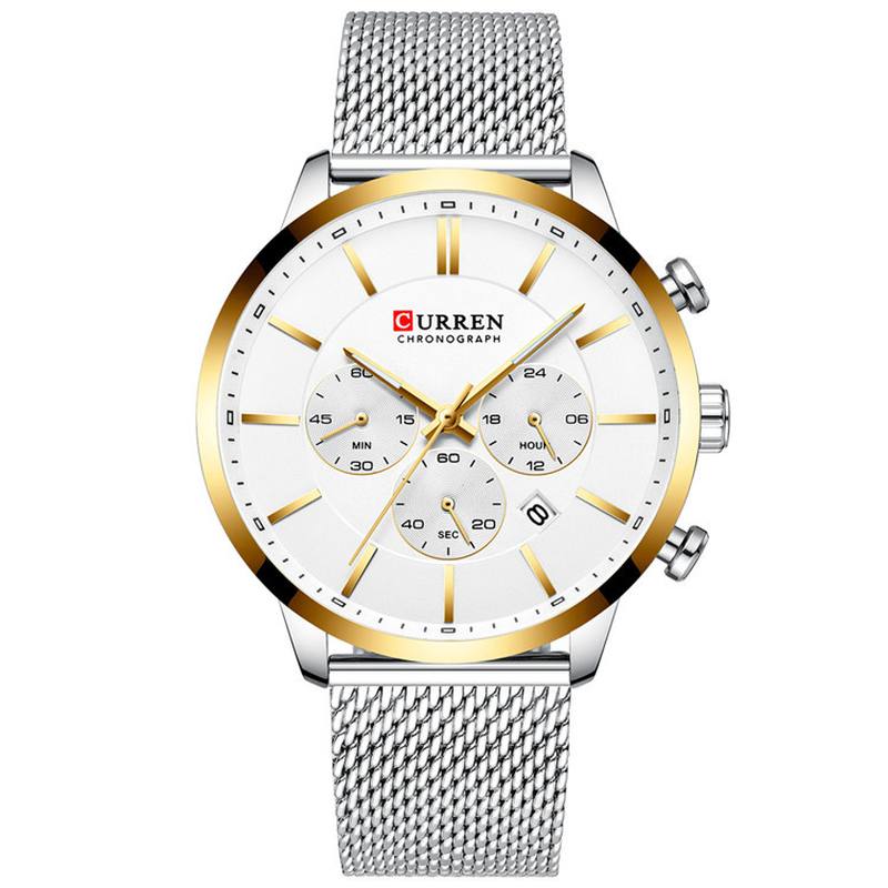 Chronograph Calendar Miesten Rannekello Mesh Steel Band Quartz Watch