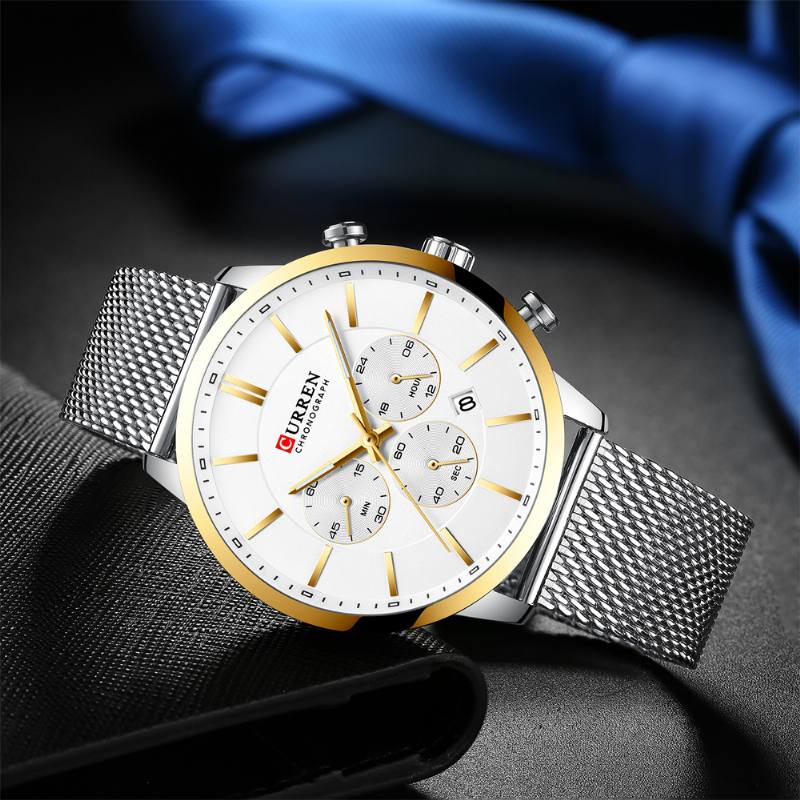 Chronograph Calendar Miesten Rannekello Mesh Steel Band Quartz Watch