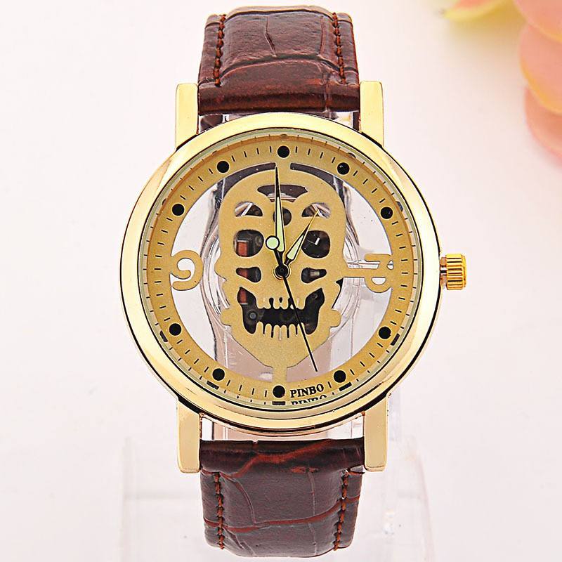 Hollow-out Skull Real Belt Quartz Watch -muodikas Kaksipuolinen Vintage Miesten Naisten Kello