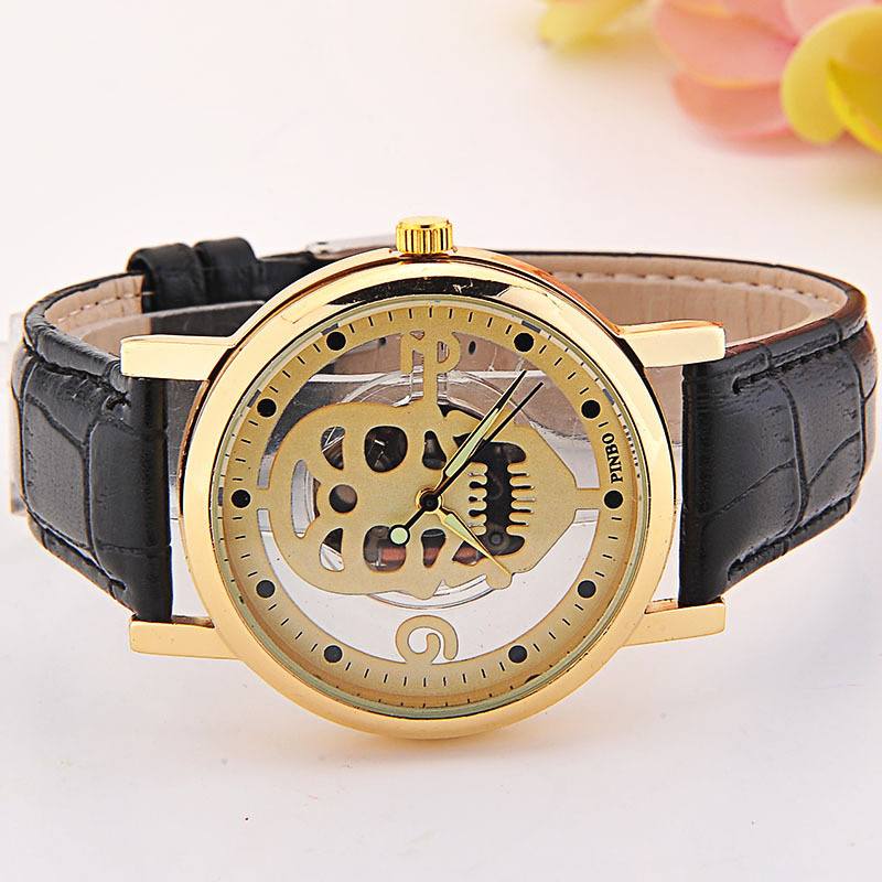 Hollow-out Skull Real Belt Quartz Watch -muodikas Kaksipuolinen Vintage Miesten Naisten Kello