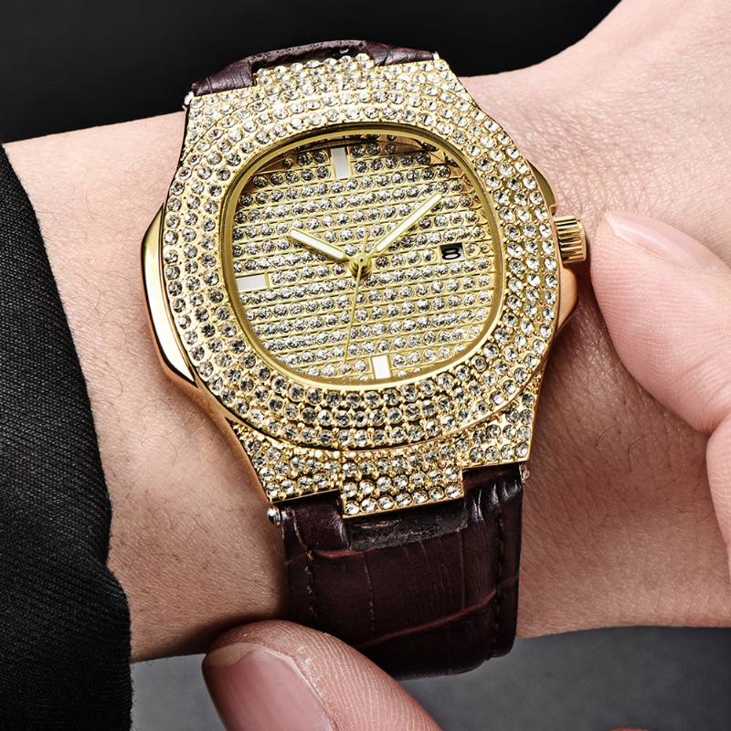 Muoti Elegent Pu-nahka Miesten Vintage Diamond Watch -vyökvartsikello