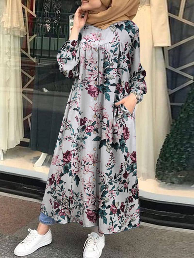 Naisten 100% Puuvillaa Kukkakuvioinen Kaftan Maxi -mekot Joissa On Sivutasku