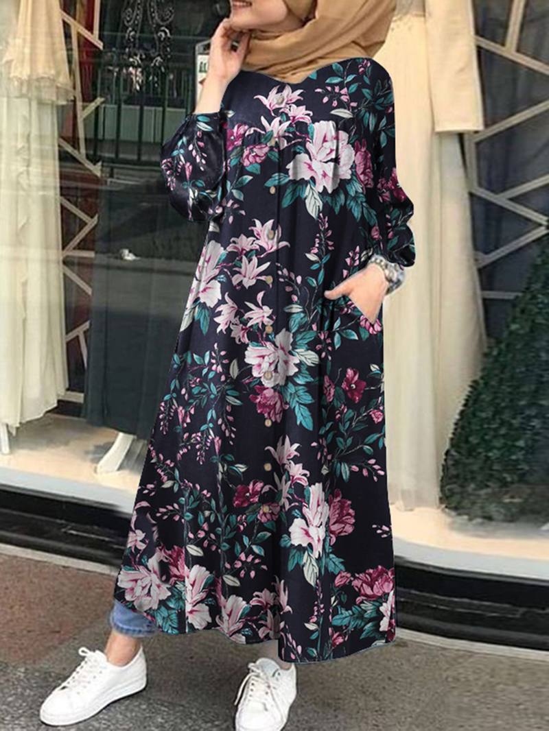 Naisten 100% Puuvillaa Kukkakuvioinen Kaftan Maxi -mekot Joissa On Sivutasku