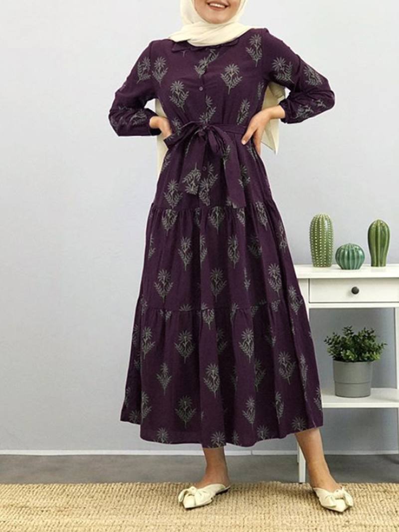 Naisten Kukkakuvioinen Käänne Puhvihihainen Kaftan Maxi -mekko Vyöllä