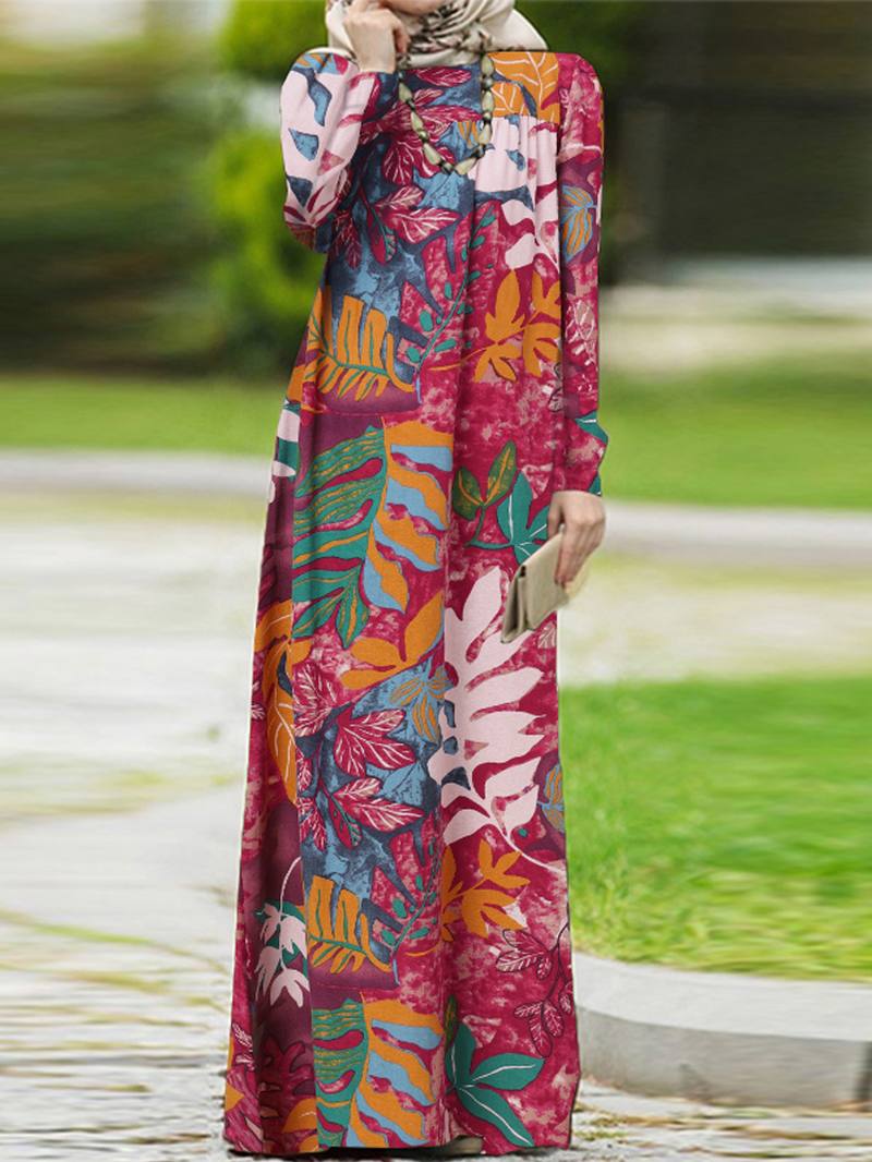 Naisten Vintage Flowers Painatus Puff Sleeve Lace-up Bohemian Maxi Mekko