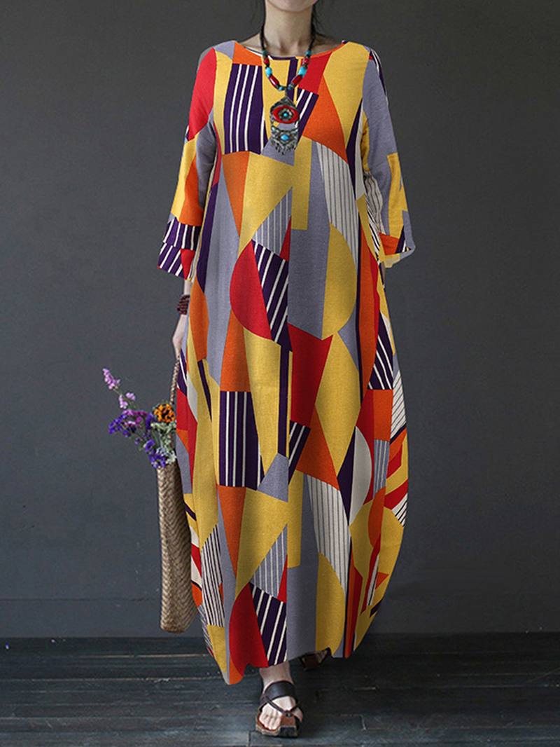 Pitkähihainen O-neck Geometriapainatusti Loose Cotton Baggy Maxi Mekko