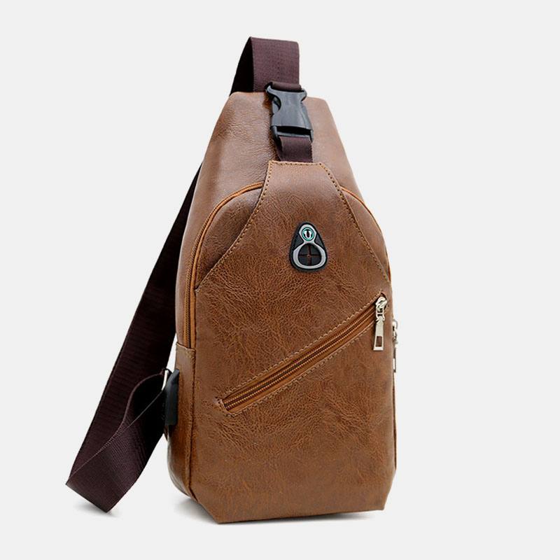 Miesten Keinonahkainen Usb-latauskuulokkeet Travel Retro Business Rintalaukku Crossbody Bag