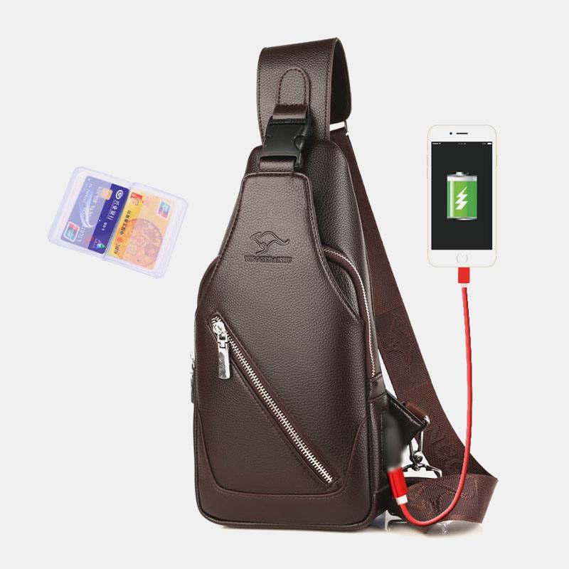 Miesten Pu-nahkainen Usb-lataus Vedenpitävä Kuulokeaukko Business Crossbody Bag Rintalaukku Sling Bag