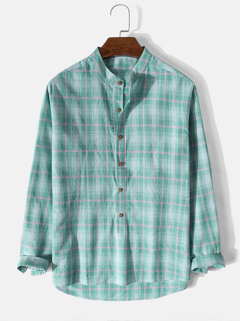 Miesten 100% Puuvillaa Plaid Stand Kaulus Pitkähihaiset Henley Paidat