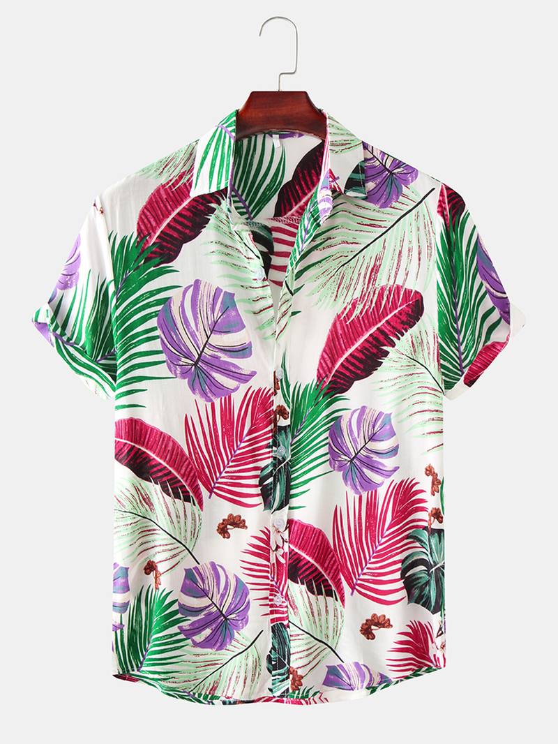 Miesten Color Block Leaves Painatus Turn Down Collar Hawaii Beach Lyhythihaiset Paidat