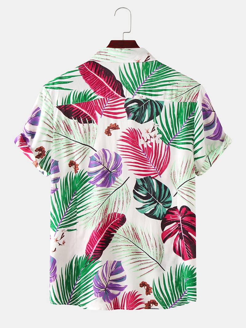 Miesten Color Block Leaves Painatus Turn Down Collar Hawaii Beach Lyhythihaiset Paidat