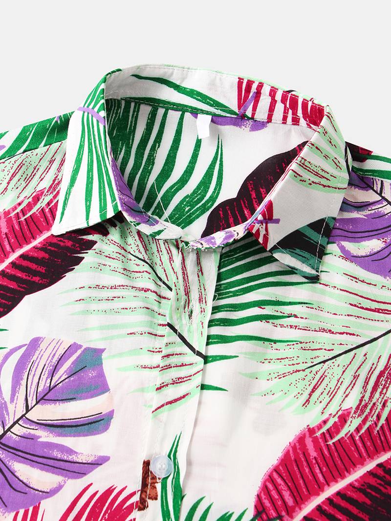 Miesten Color Block Leaves Painatus Turn Down Collar Hawaii Beach Lyhythihaiset Paidat