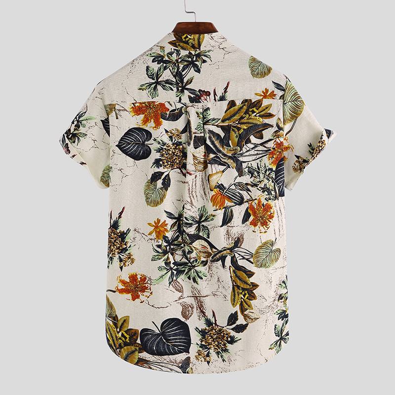 Miesten Cottonn Tropical Leaves Painatust Lyhythihaiset Oriental Henley Paidat