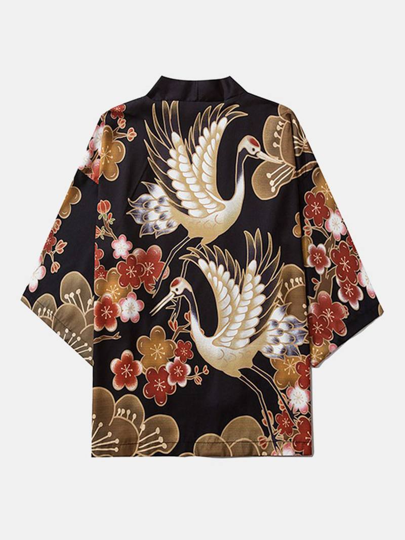 Miesten Japanilainen Kimono Crane Flower Painatus Open Front & Pants Co-ords