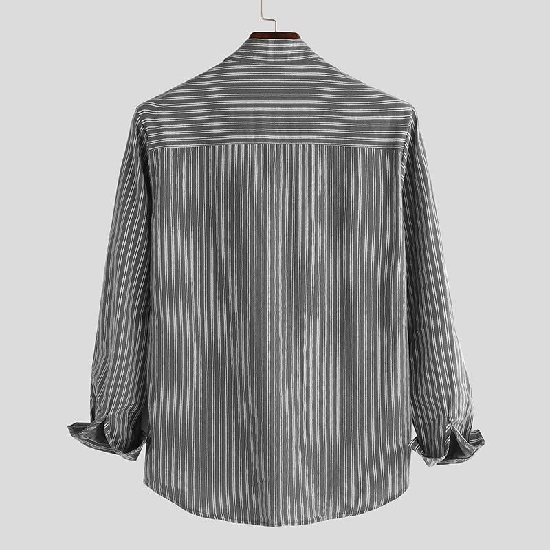 Miesten Kauluksettomat Paidat Vintage Raidallinen Paita Grandad Button Down Pellava Loose Top