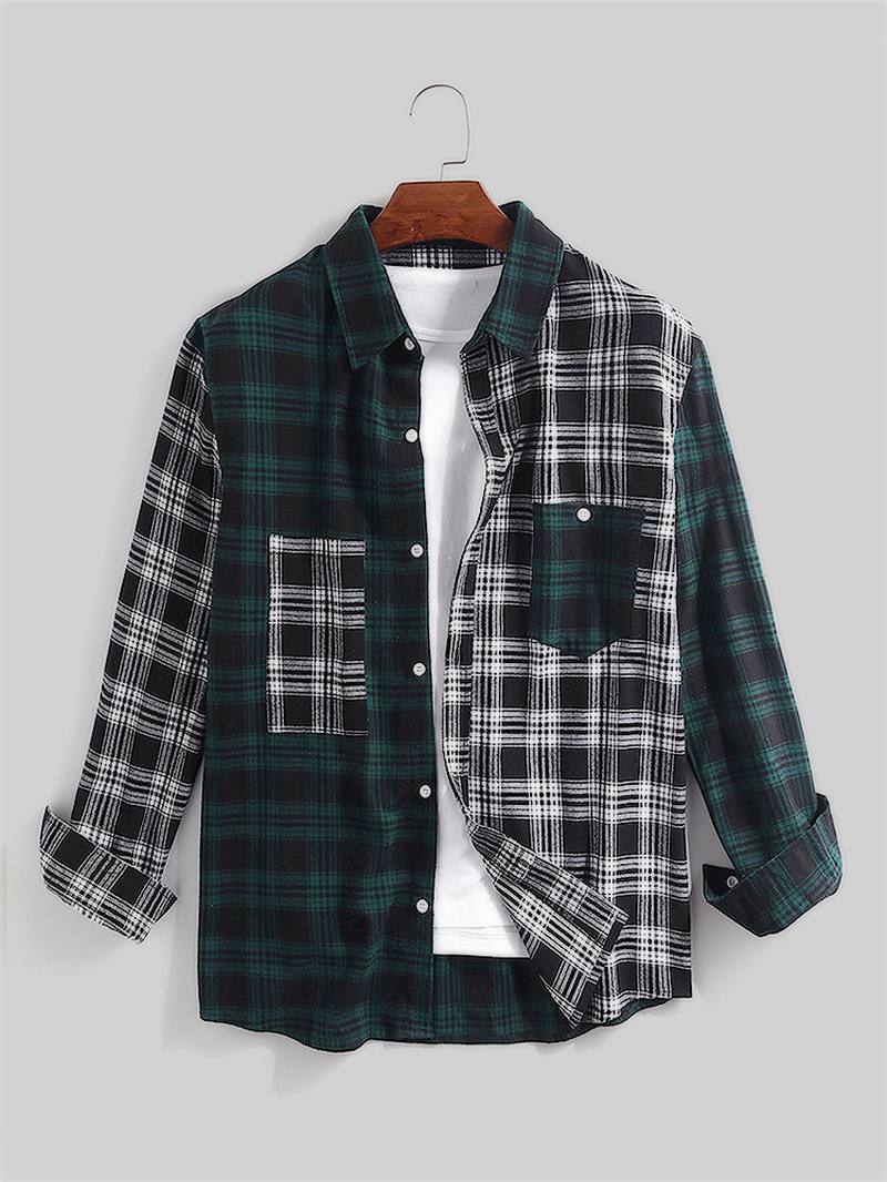 Miesten Puuvilla Spliced Plaid Patch Pocket Pitkähihaiset Vapaa-ajan Paidat