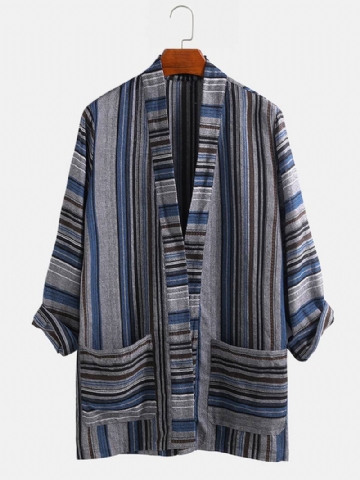 Miesten Puuvilla Vintage Stripe Dual Pocket Kimono Neuletakaiset Paidat