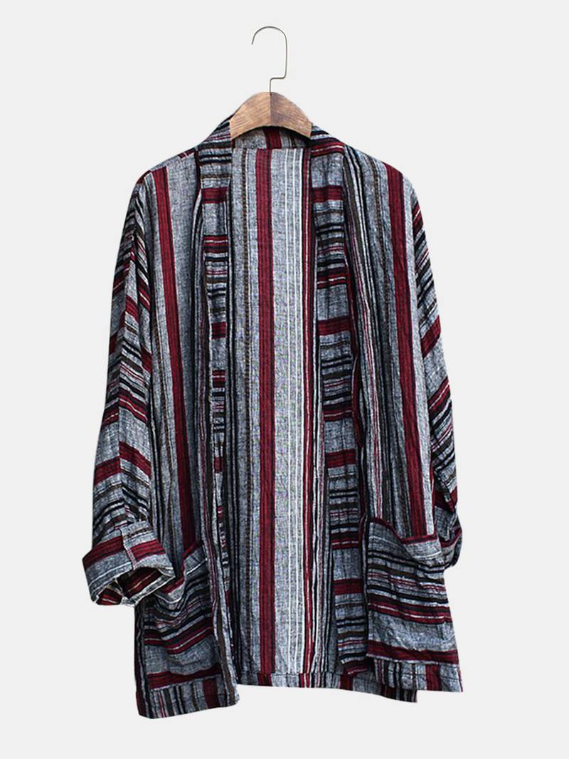 Miesten Puuvilla Vintage Stripe Dual Pocket Kimono Neuletakaiset Paidat