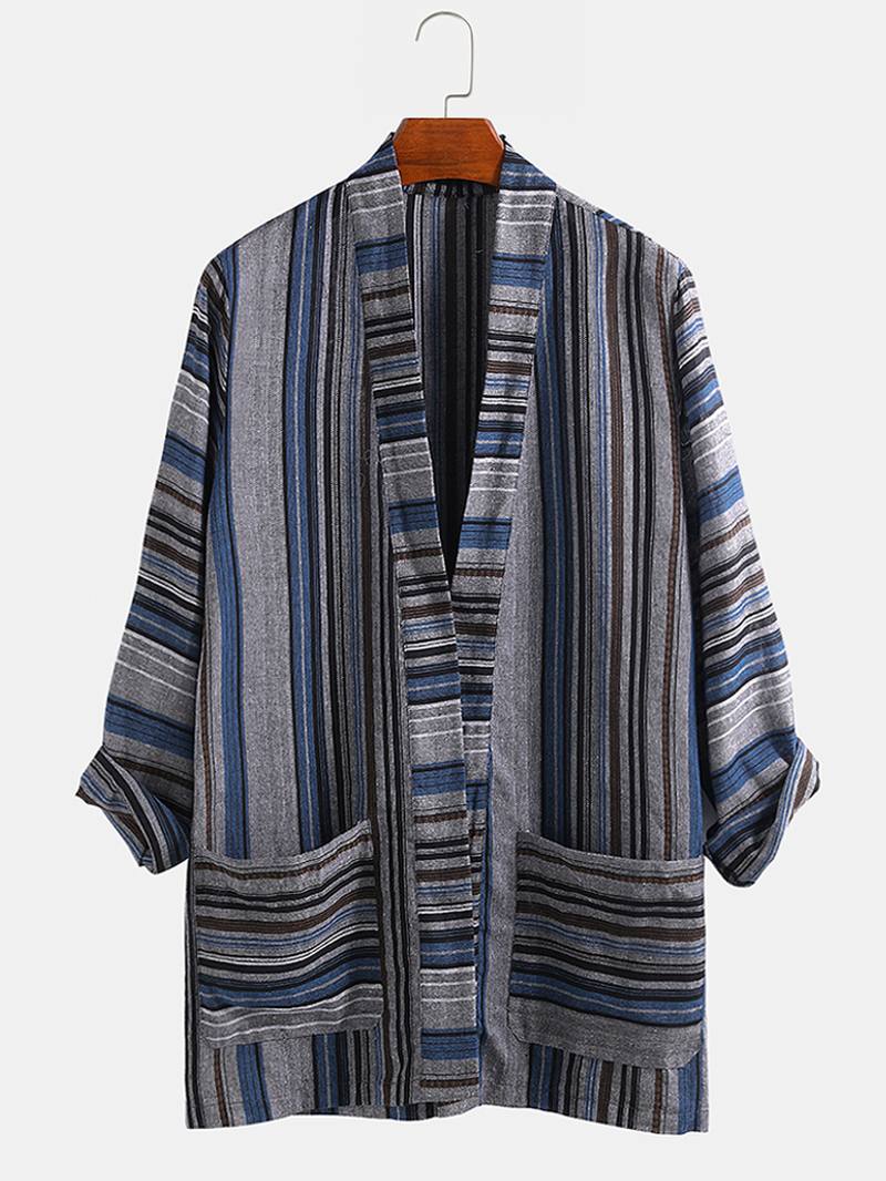 Miesten Puuvilla Vintage Stripe Dual Pocket Kimono Neuletakaiset Paidat