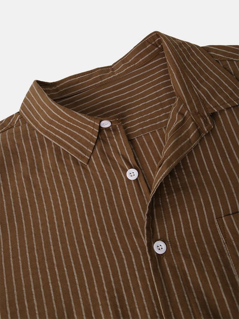 Miesten Stripe Lapel Collar Pitkähihaiset Puuvillaiset Hengittävät Paidat