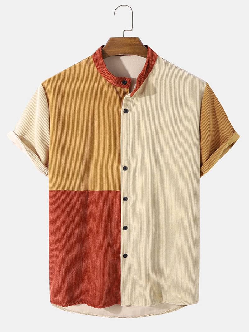 Miesten Vakosametti Color Block Panel Patchwork Grandad Collar Paidat