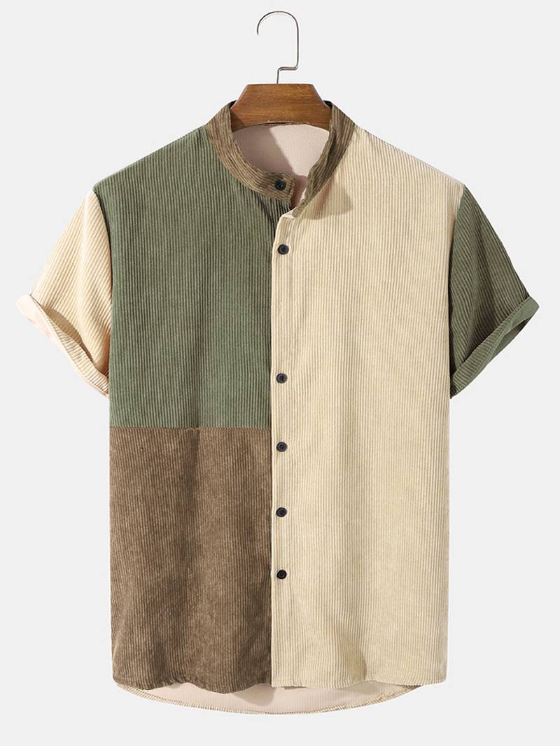 Miesten Vakosametti Color Block Panel Patchwork Grandad Collar Paidat