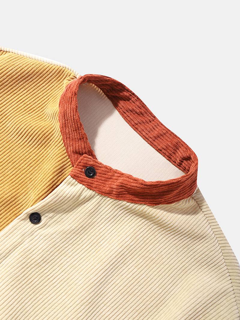 Miesten Vakosametti Color Block Panel Patchwork Grandad Collar Paidat