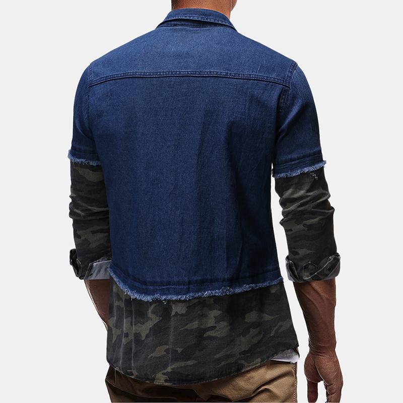 Miesten Vintage Denim Patchwork Pitkähihaiset Vapaa-ajan Paidat