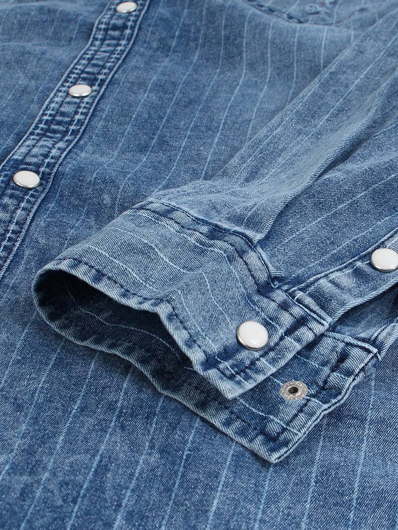 Miesten Vintage Stripe Double Pockets Denim Pitkähihaiset Rennot Paidat