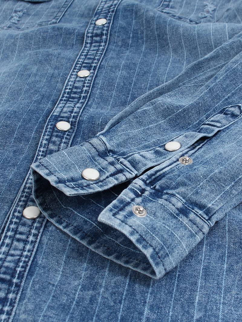 Miesten Vintage Stripe Double Pockets Denim Pitkähihaiset Rennot Paidat