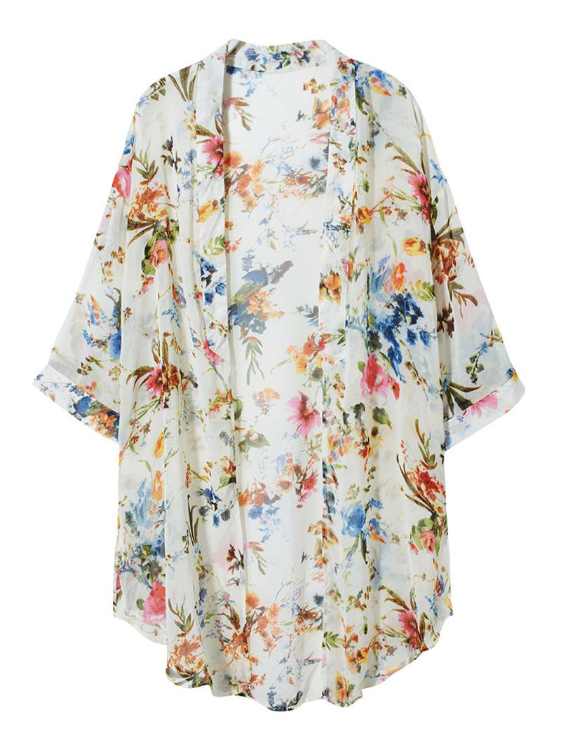 Bohemian Naisten Floral Chiffon Bikini Smock Sheer Cardigan