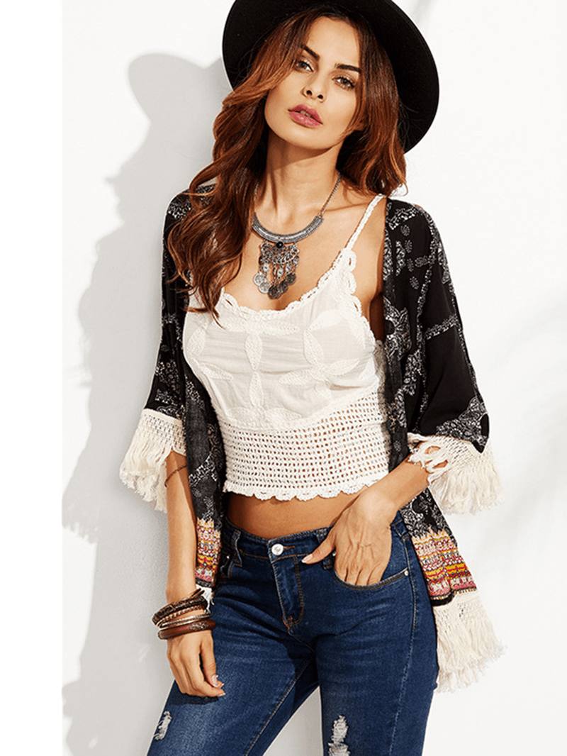 Musta Kukkapainatus Tassel Patchwork Loose Beach Summer Cardigans