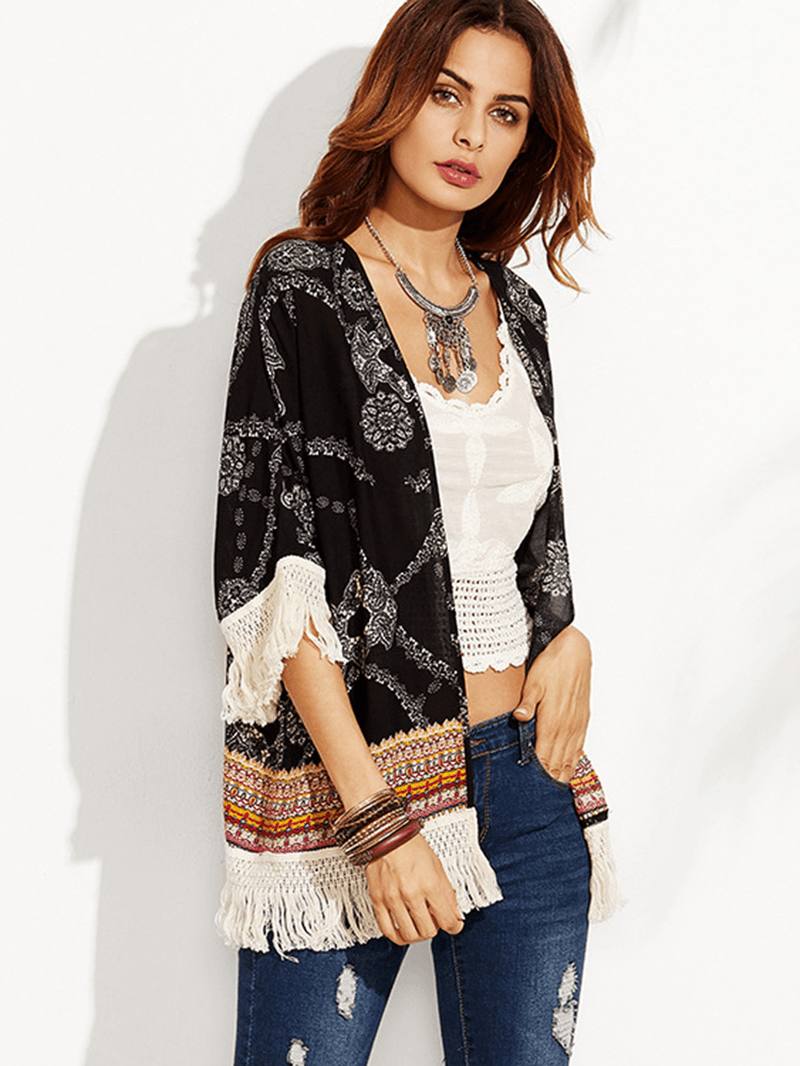 Musta Kukkapainatus Tassel Patchwork Loose Beach Summer Cardigans