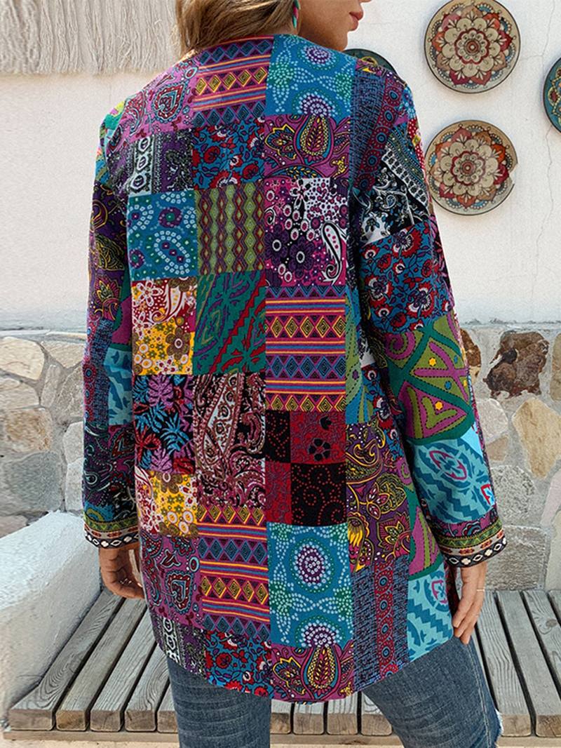 Naisten Retro-kukkapainatusti Patchwork Pitkähihaiset Epäsäännölliset Puuvillaiset Etniset Vintage-neuletakit