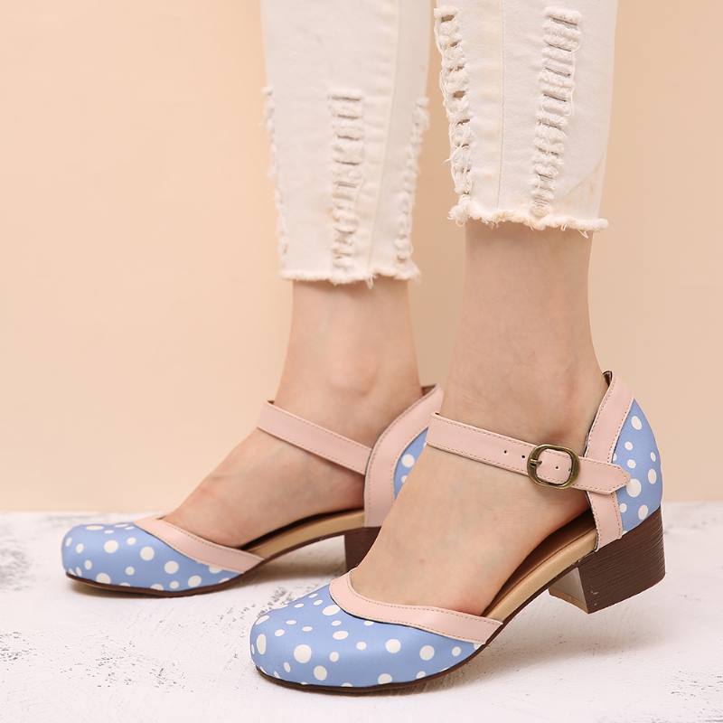 Naisten Polka Dot Pyöreä Toe Nilkkahihna Block Heel Rento Heels Pumput