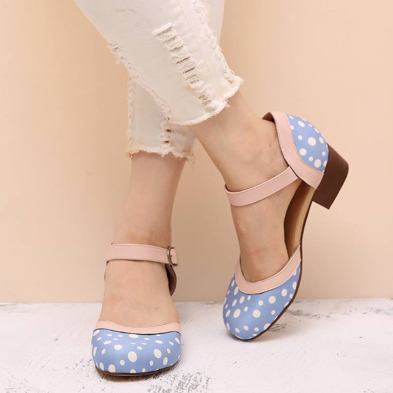 Naisten Polka Dot Pyöreä Toe Nilkkahihna Block Heel Rento Heels Pumput