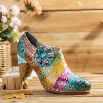 Retro Floral Nahka Splicing Vetoketju Paksu Heel Pumps Mekko Kengät