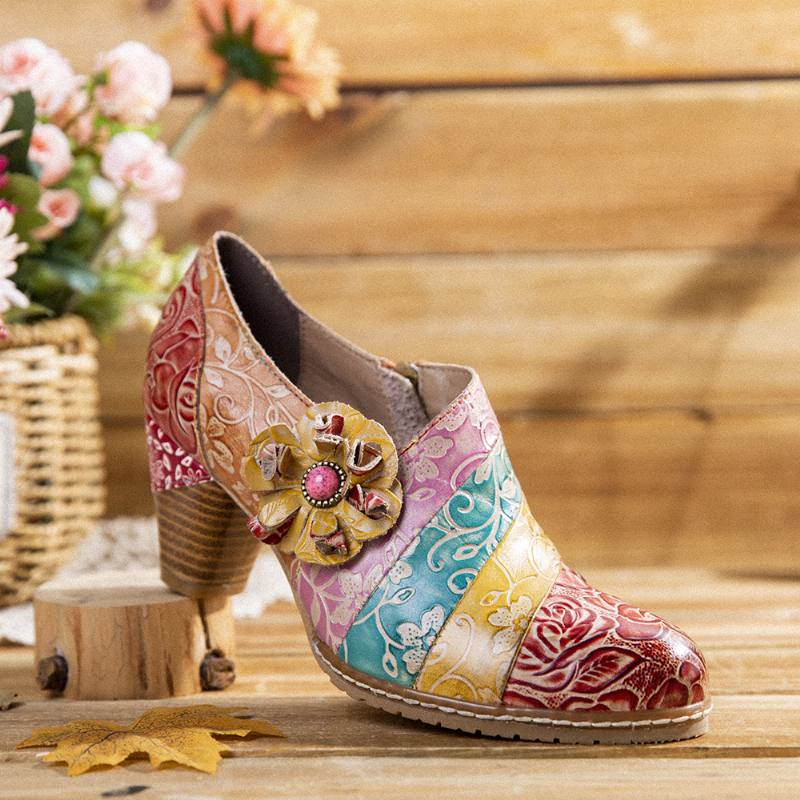 Retro Floral Nahka Splicing Vetoketju Paksu Heel Pumps Mekko Kengät