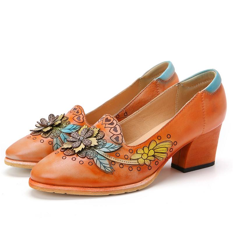 Retro Splicing Floral Leather Slip On Block Heel Pumps Mekkokengät