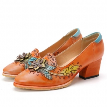 Retro Splicing Floral Leather Slip On Block Heel Pumps Mekkokengät