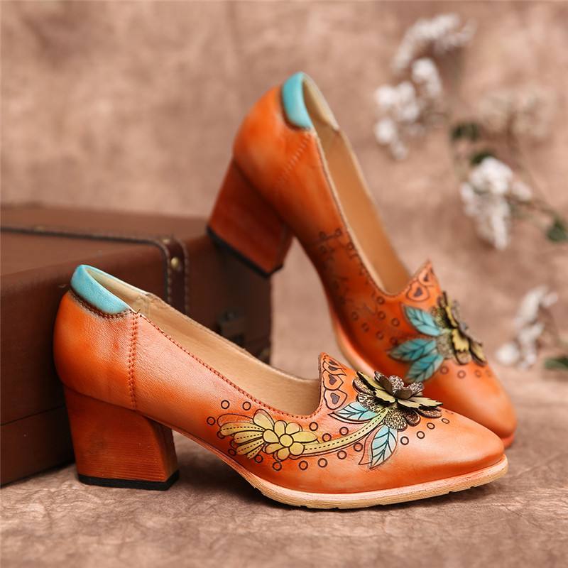 Retro Splicing Floral Leather Slip On Block Heel Pumps Mekkokengät