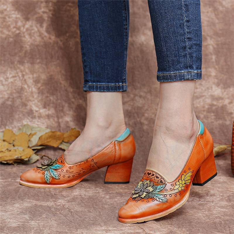 Retro Splicing Floral Leather Slip On Block Heel Pumps Mekkokengät