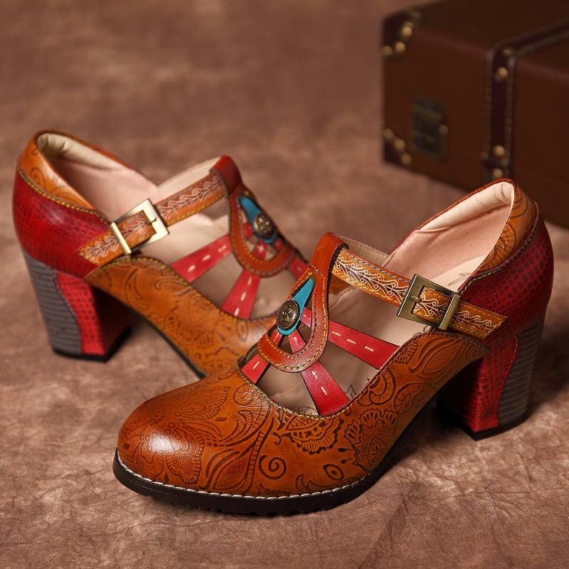 Vintage Hollow Out Chunky Heel -nahkapumput