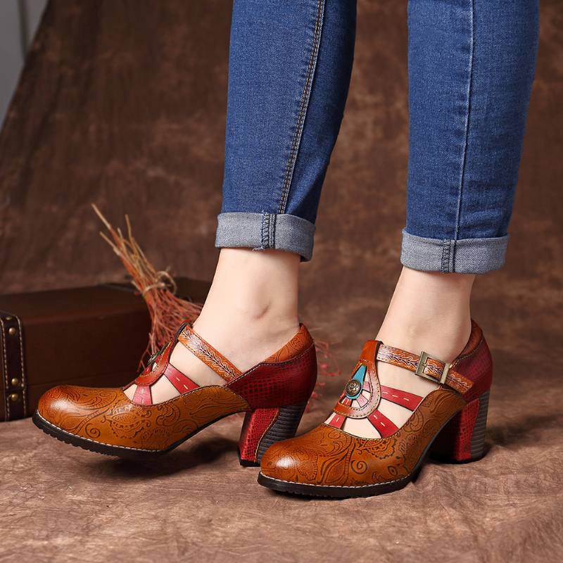 Vintage Hollow Out Chunky Heel -nahkapumput