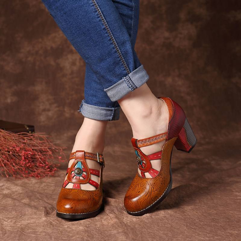 Vintage Hollow Out Chunky Heel -nahkapumput