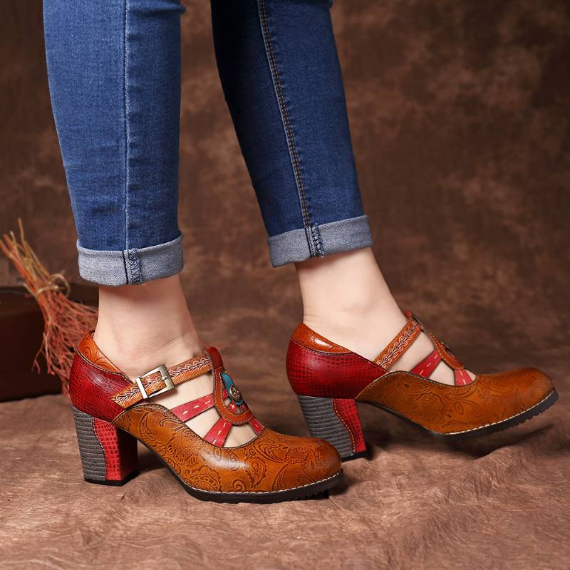 Vintage Hollow Out Chunky Heel -nahkapumput