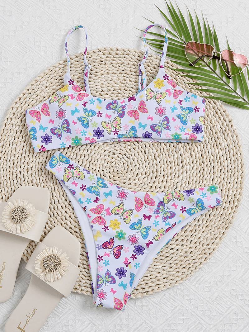 Butterfly Kukkapainatusti Hihattomat Säädettävät Olkaimet Beach Swimwear Bikinit