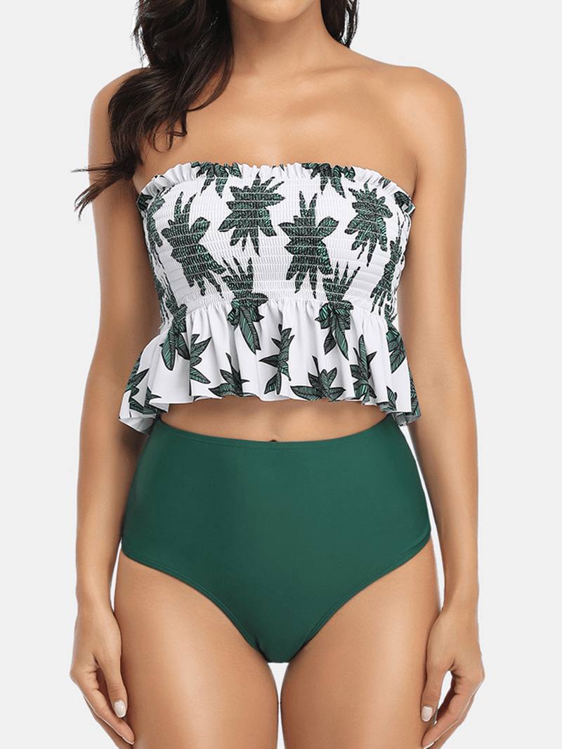 Hawaii Style Naisten Tropical Leaves Painatus Röyhelöt Helma Beach High Waist Bikinit