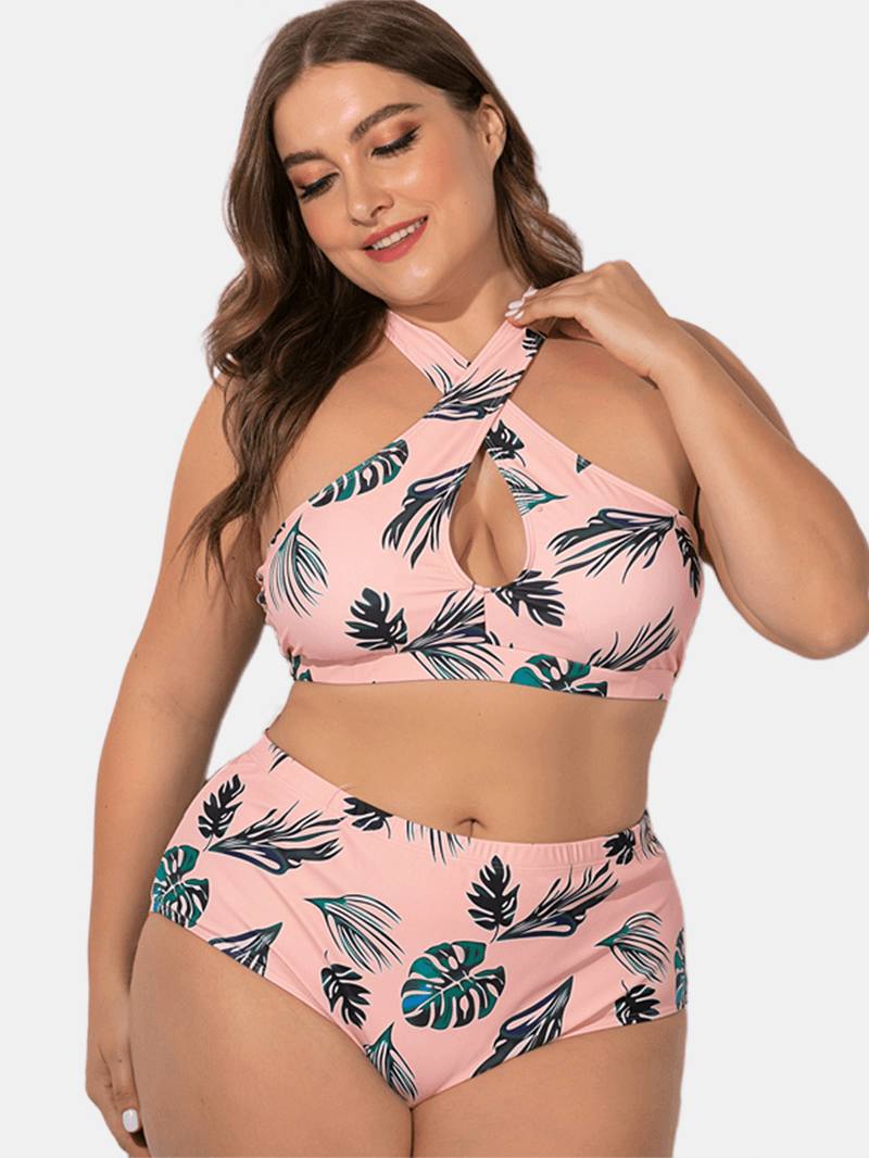 Naisten Plus-kokoiset Criss Cross Strappy -painetut Korkeavyötäröiset Bikinit